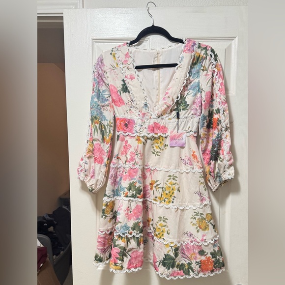 Chicwish Dresses & Skirts - Chicwish Cream Floral Lace-Trim Mini Dress with Pink & Yellow Bouquet
